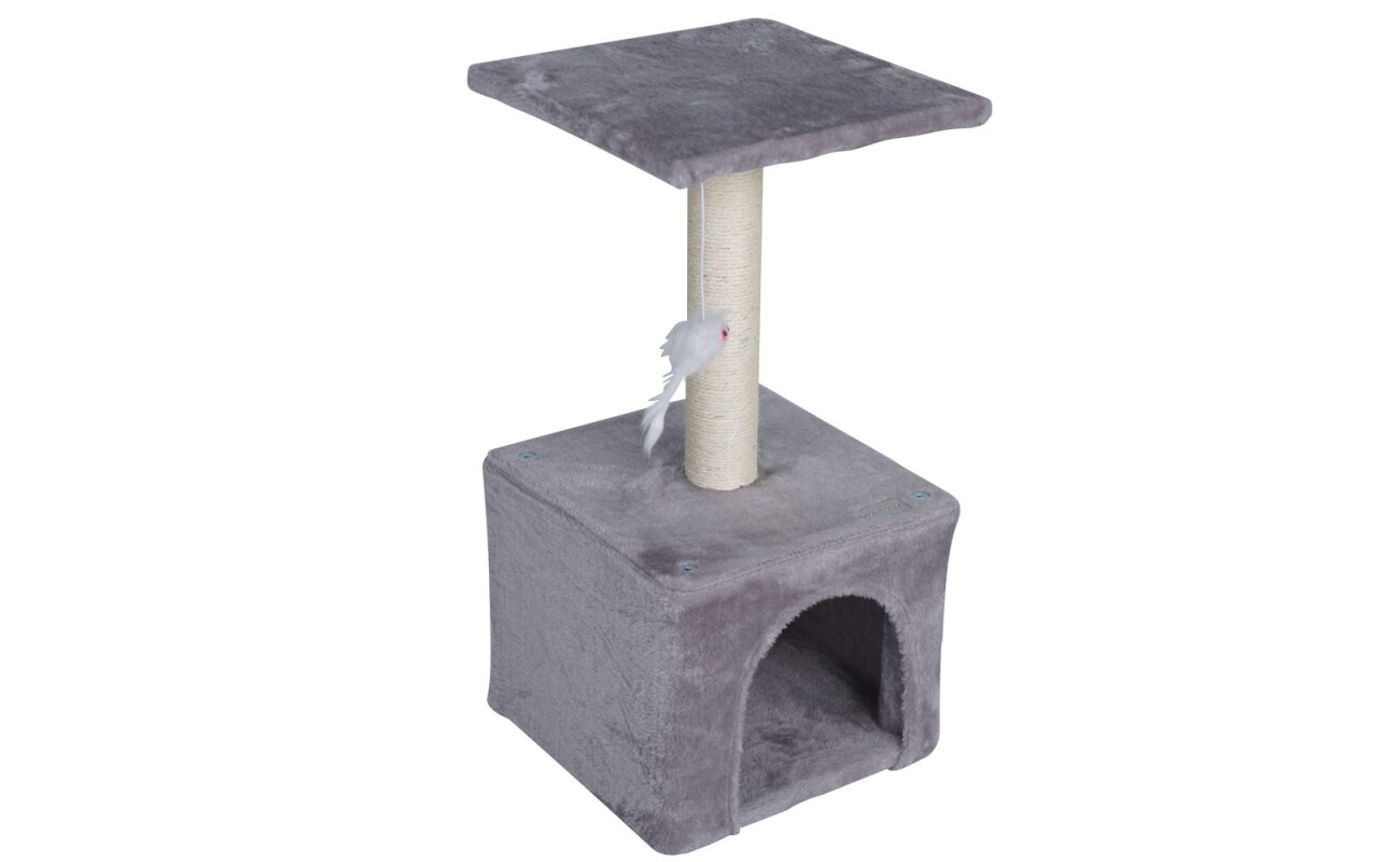 Scratching post and resting place for cats. Beige color. Made from plush and natural sisal. Dimensions 30 x 30 x 60 cm.