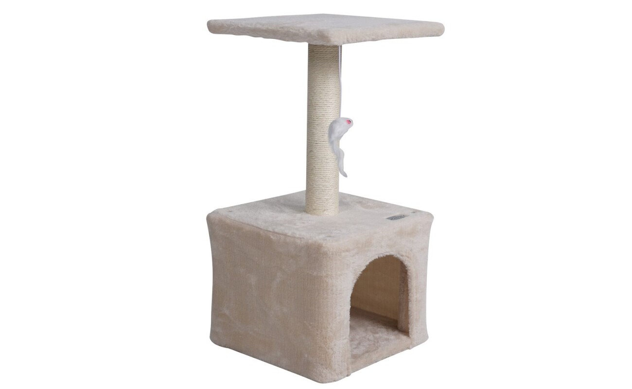 Scratching post and resting place for cats. Gray color. Made from plush and natural sisal. Dimensions 30 x 30 x 60 cm.