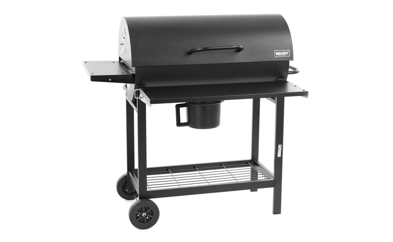 Garden charcoal grill made of sheet steel. Black refractory paint treatment. Large wooden storage area.
