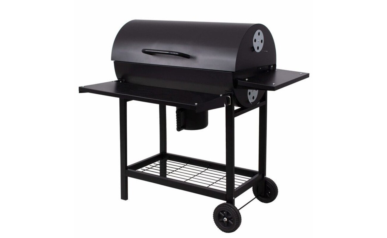 Robust metal structure. Black refractory color. Large storage areas. Transport wheels. Height 102 cm