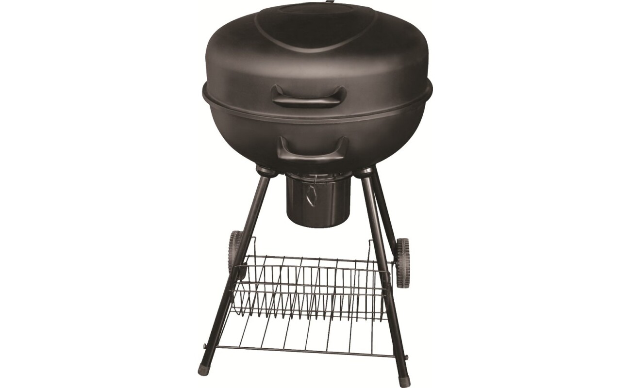 Suitable for covered garden areas. Robust metal structure. Black refractory color. Storage area. Chrome-plated barbecue grate. Transport wheels. Grate diameter 53