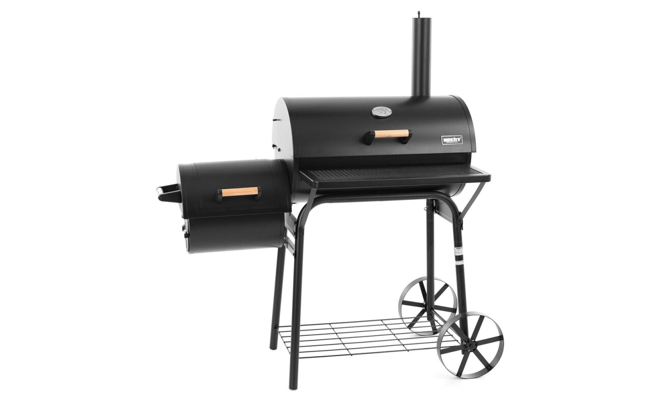 Charcoal grill. Suitable for covered garden surfaces. Two furnics. Robust sheet metal structure. Black refractory color. Heater height adjustment. Air regulation. Storage shelf. Possibility of utilization (or indirect barbecue). Chrome-plated barbecue grate. Thermometer. Transport wheels.