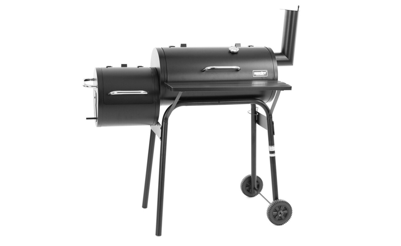 Charcoal grill. Suitable for covered garden surfaces. Two furnics. Robust sheet metal structure. Black refractory color. Heater height adjustment. Air regulation. Storage shelf. Possibility of utilization (or indirect barbecue). Chrome-plated barbecue grate. Thermometer. Transport wheels.