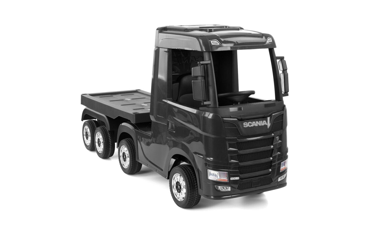 The HECHT SCANIA R SERIES BLACK is a children's electric ride-on car inspired by legendary Scania lorries. The vehicle is equipped with two 7 Ah batteries