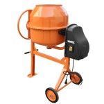 <p>Construction mixer. Power input 850 W. Volume 180 Litres. Rubber wheels. Weight 55