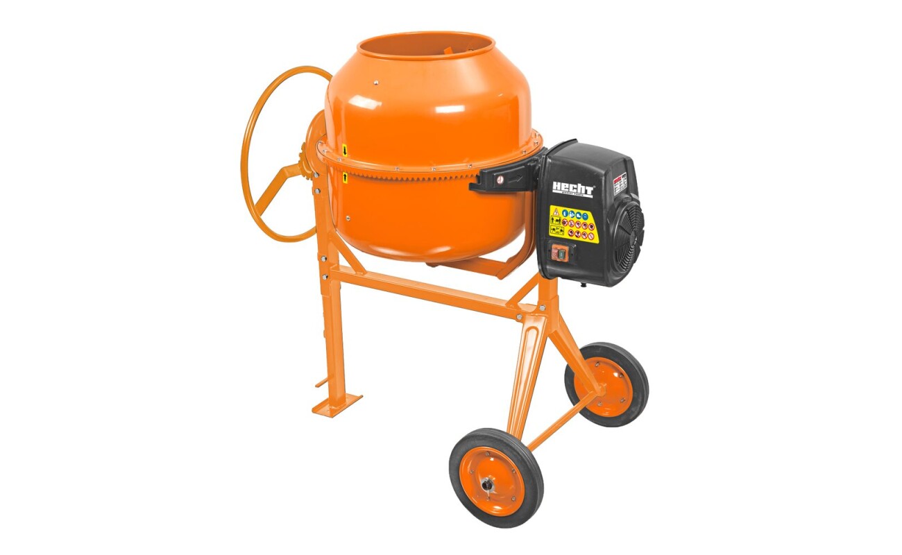 Construction mixer. Power input 1050 W. Volume 200 Litres. Rubber wheels. Weight 95 kg.