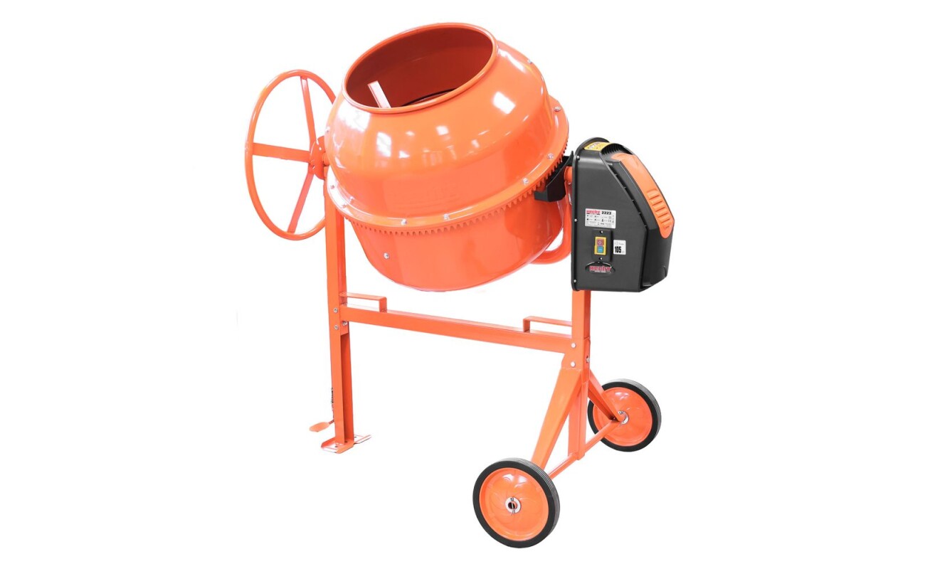 Construction mixer with electric motor. Power 1100 W. Protection class IP44. Capacity of the whole drum 200 l. Drum neck 415 mm. Drum speed 26 rpm. Weight 81