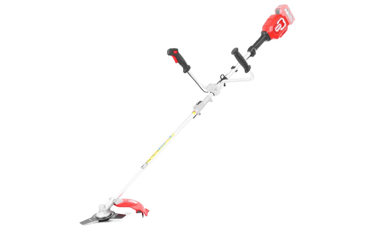 Cordless brush cutter with a blade cutting width of 25.4 cm and string cutting width of 40.6 cm. Dividable shaft. Voltage 40 V. Semi-automatic string feed. Bike-type ergonomic handles. Weight 5.5 kg. Battery and charger are not included.