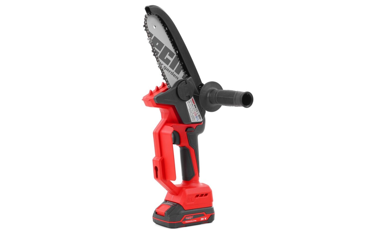 Cordless chainsaw with 6'' bar length. Voltage 20V. Weight 1.3 kg. Battery and charger included.