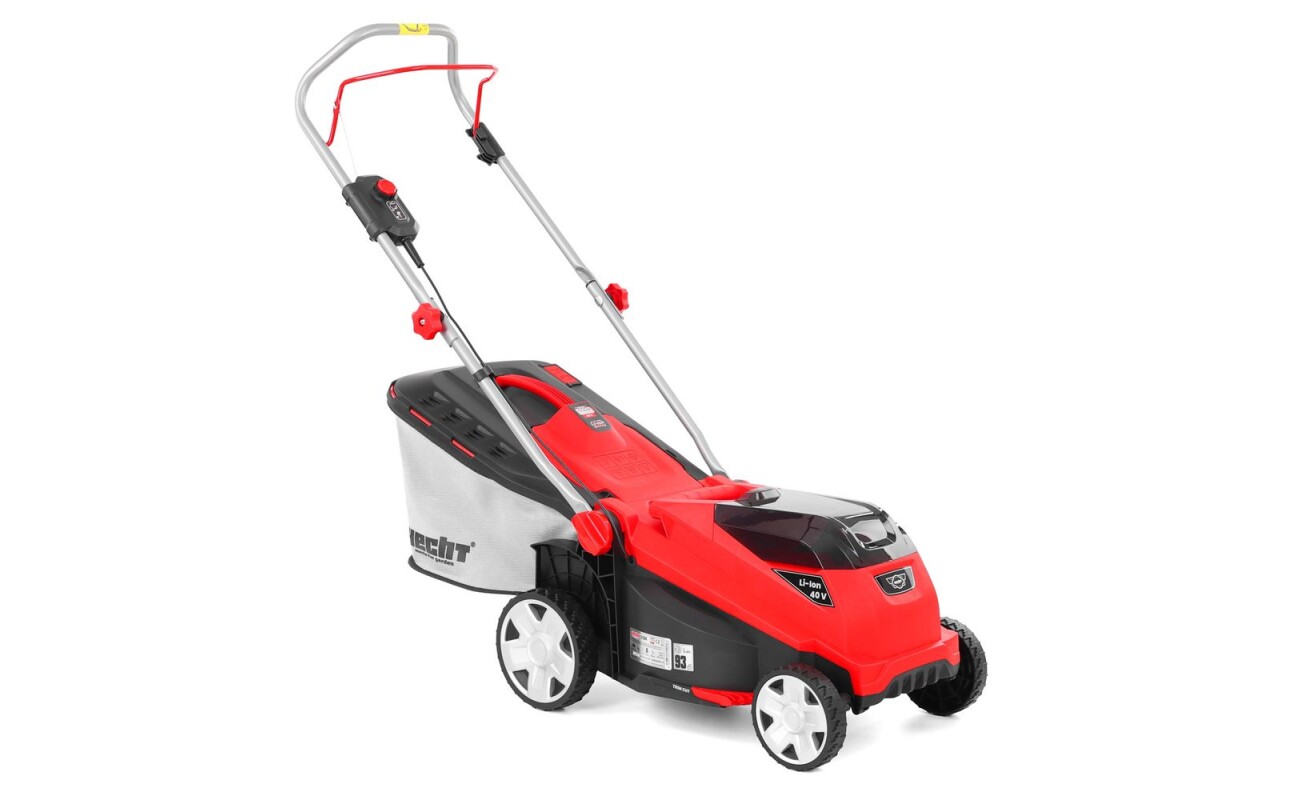 Cordless lawn mower with a 34 cm cutting width. 40 V voltage. 35 litre collection box. Suitable for mowing areas up to approx. 500 m2. Battery and charger are not included.