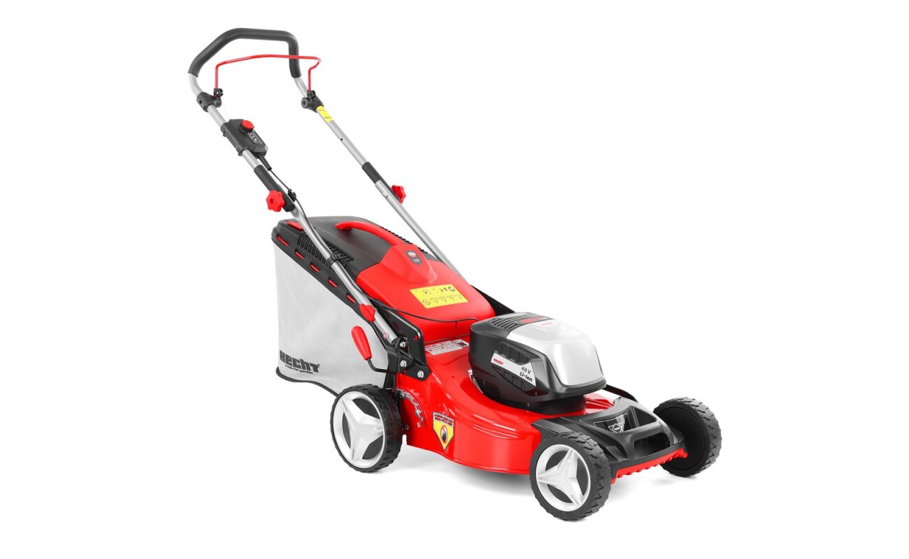 Cordless lawn mower with 41cm cutting width. 40V voltage. 50-litre grass box capacity. Runtime per charge up to 60 minutes