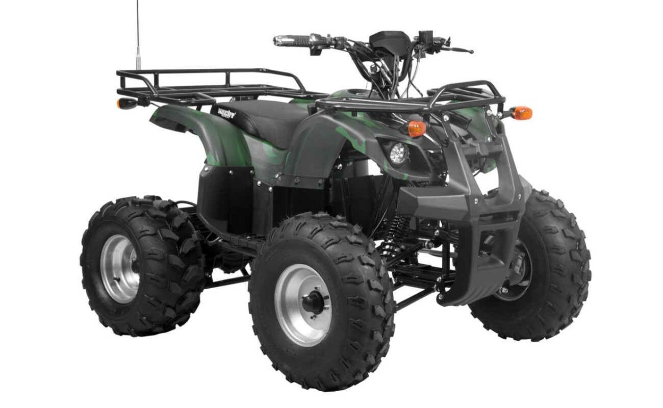 Cordless quad bike with metal frame. Motor 1200W. Speed up to 45 km/h. Battery 60V/20Ah. Load capacity 120kg. Dimensions (L x W x H): 145 x 102 x 96 cm.