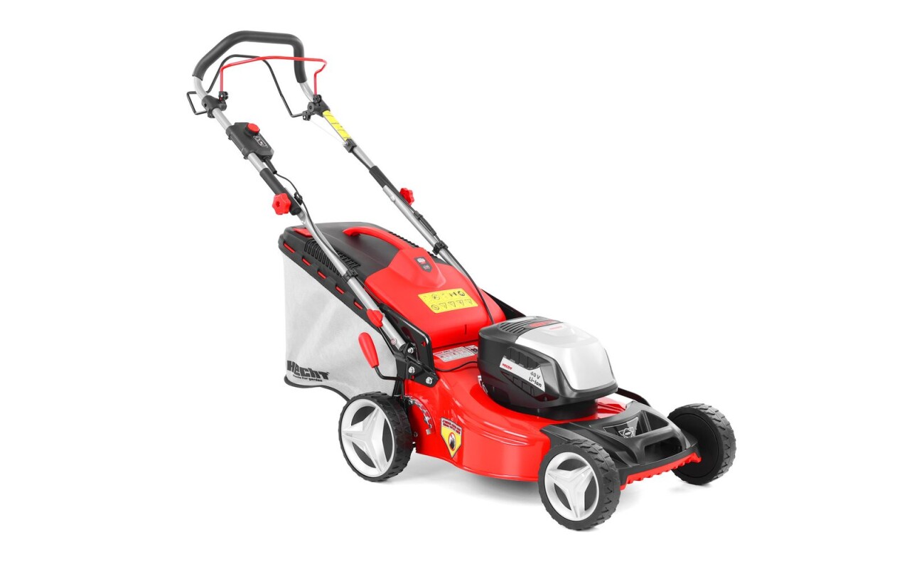 Cordless lawn mower with 41cm cutting width. 40V voltage. 50L grass box capacity. Self-propelled. Battery and charger not included.