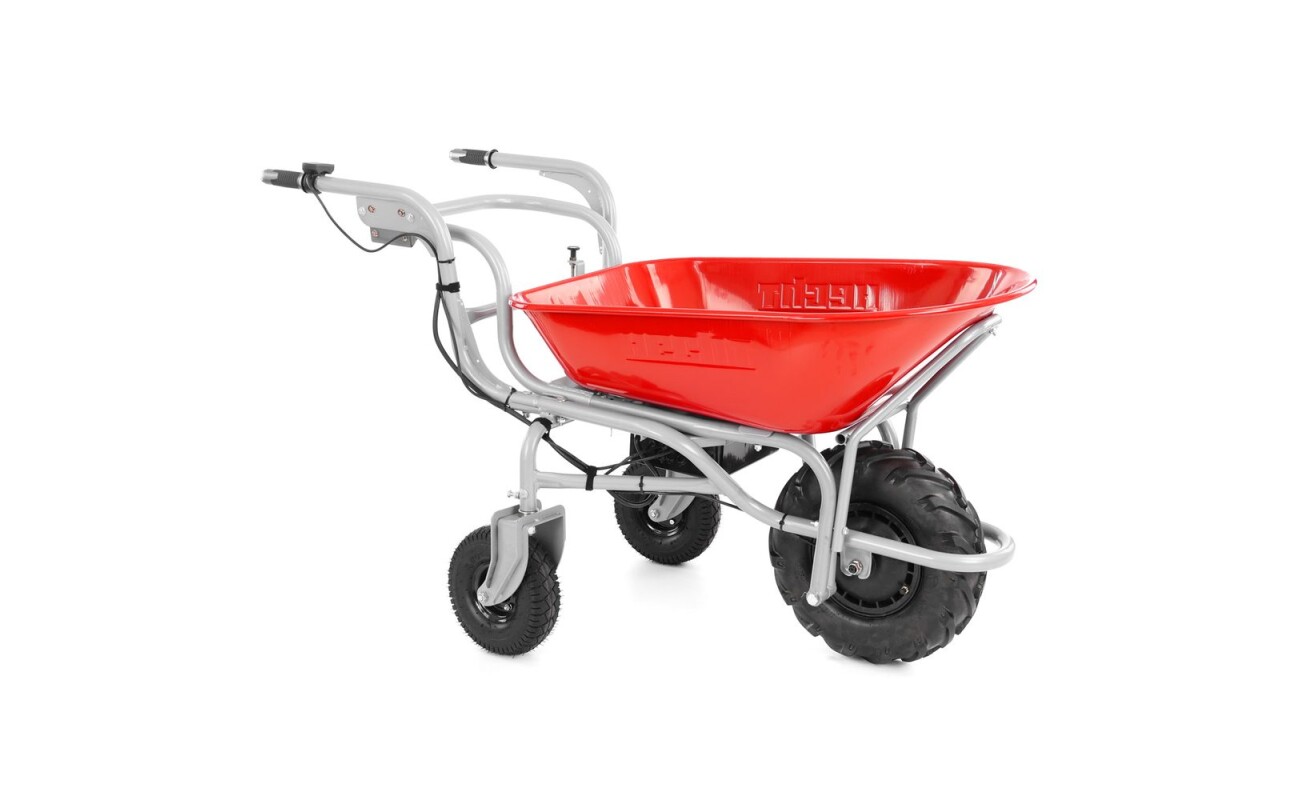 Self-propelled wheelbarrow with a capacity of 100 l and a maximum load capacity of 260 kg. Powered by a 24V battery with a charging time of 7 hours. Ideal for transporting heavy loads in the garden.