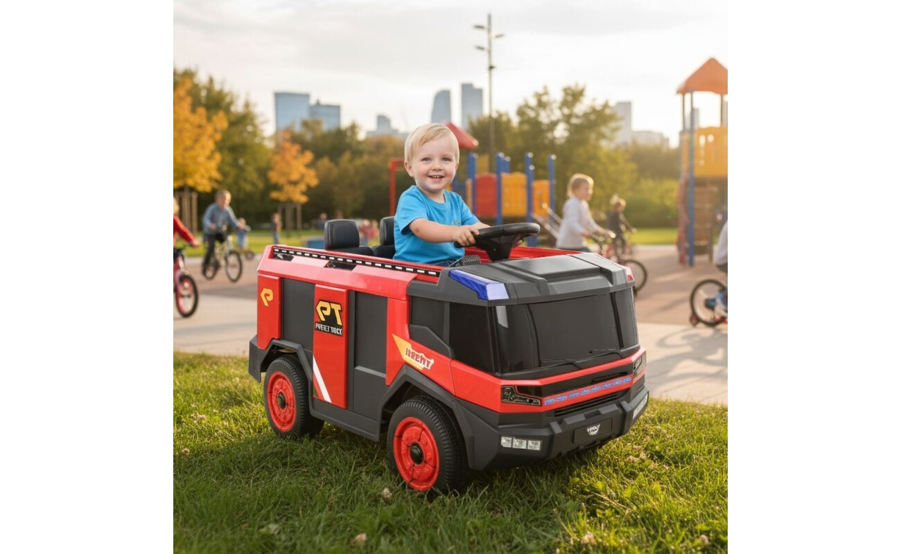 it is suitable for children aged 3-8 years. The vehicle is equipped with two 35 W motors and reaches speeds of 2-5 km/h. It includes a working firefighting gun