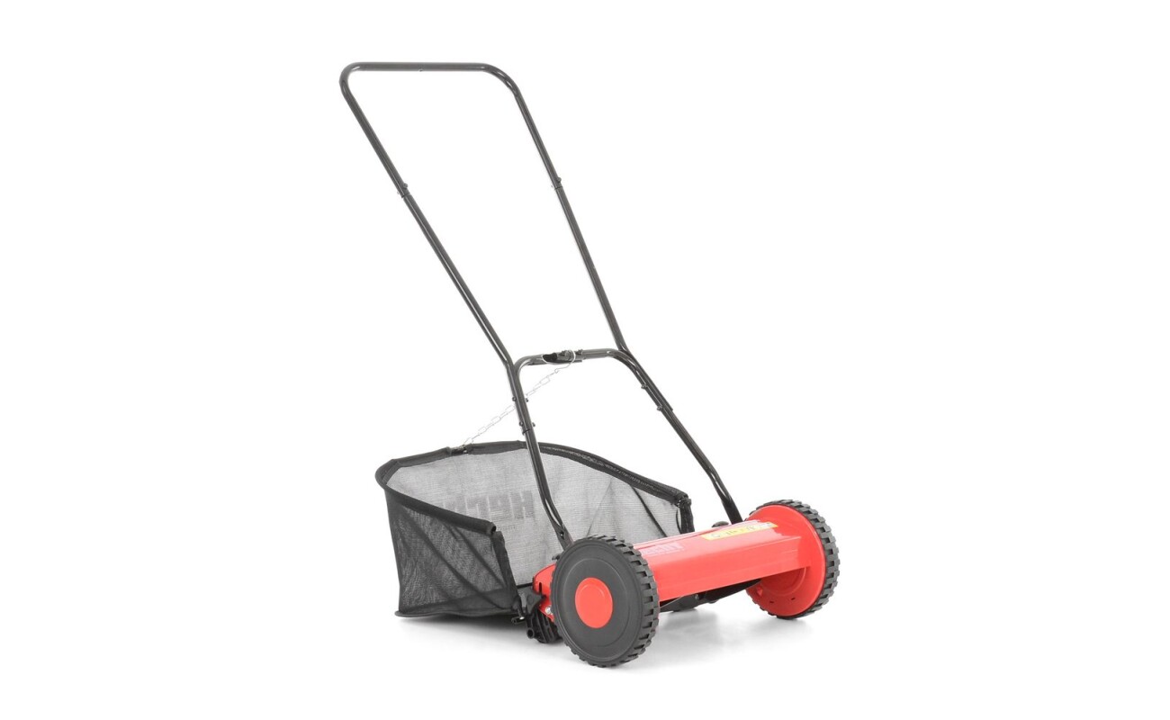 Manual lawn mower. Height of cut 17-43 mm. Grass box capacity 15 litres. 40 cm width of cut. Weight 8