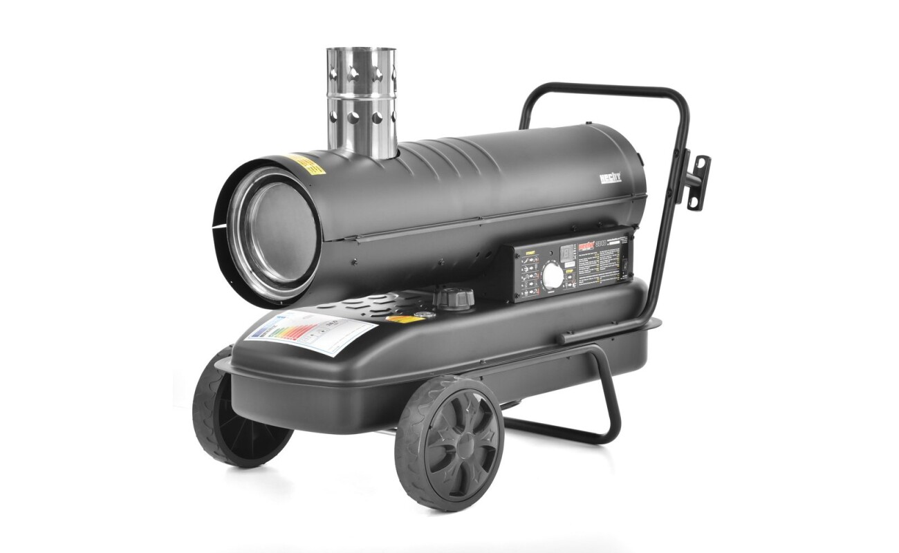 A hot air turbine with indirect combustion - flue gas discharge through a chimney - heats with clean air! Heat output 18 kW / 62
