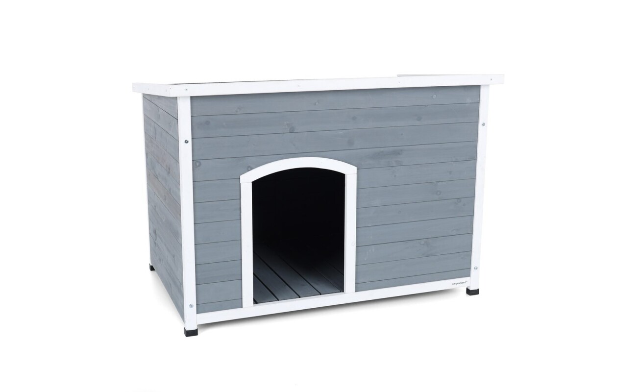 Spacious dog house PROMINENT DINO made of durable fir wood with dimensions 112 x 75 x 79 cm. Opening roof with insulation and asphalt shingles