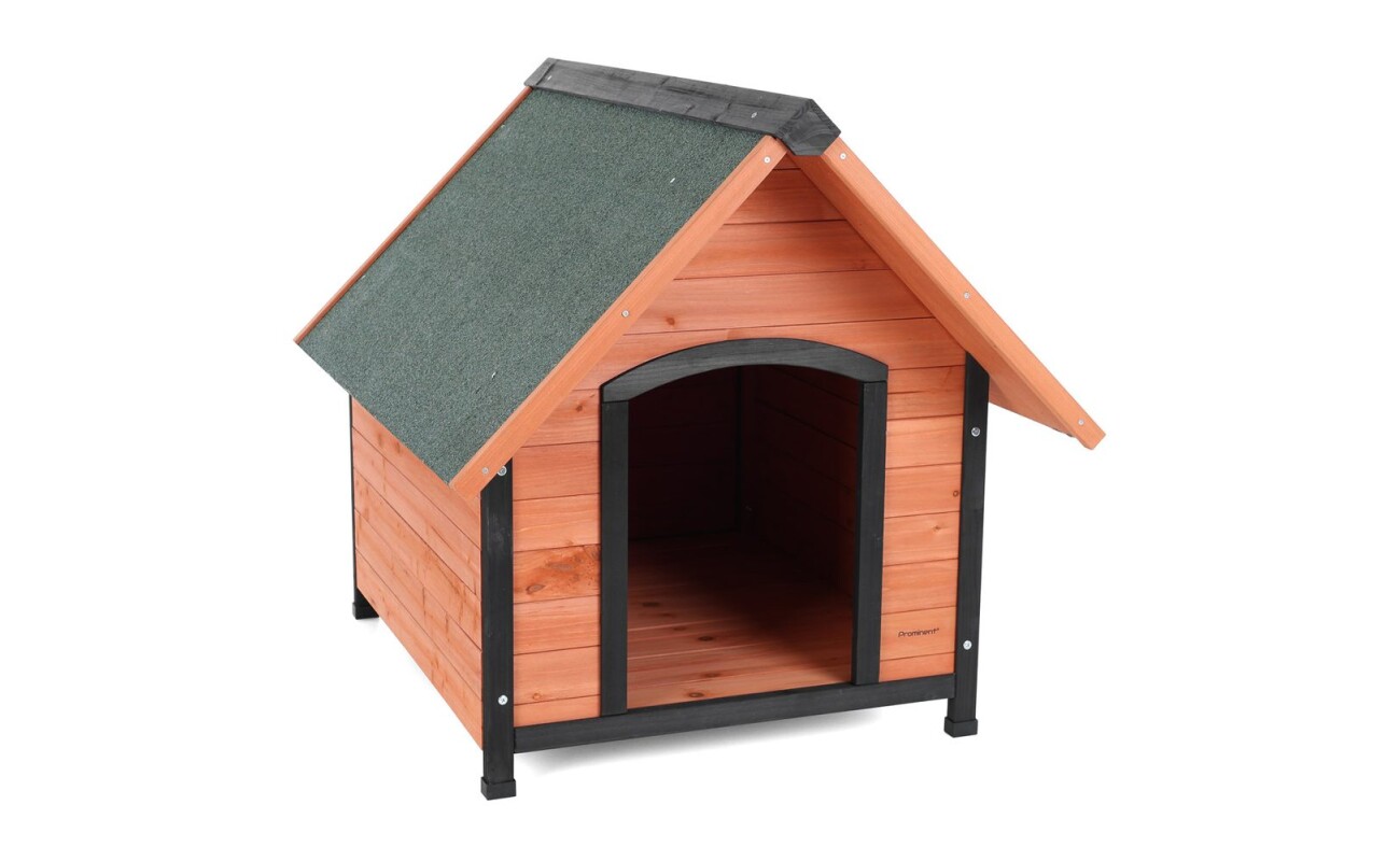 Stylish and durable dog house PROMINENT MIKE made of fir wood with dimensions 82 x 99 x 86 cm. Roof with asphalt shingles provides protection from rain and sun.