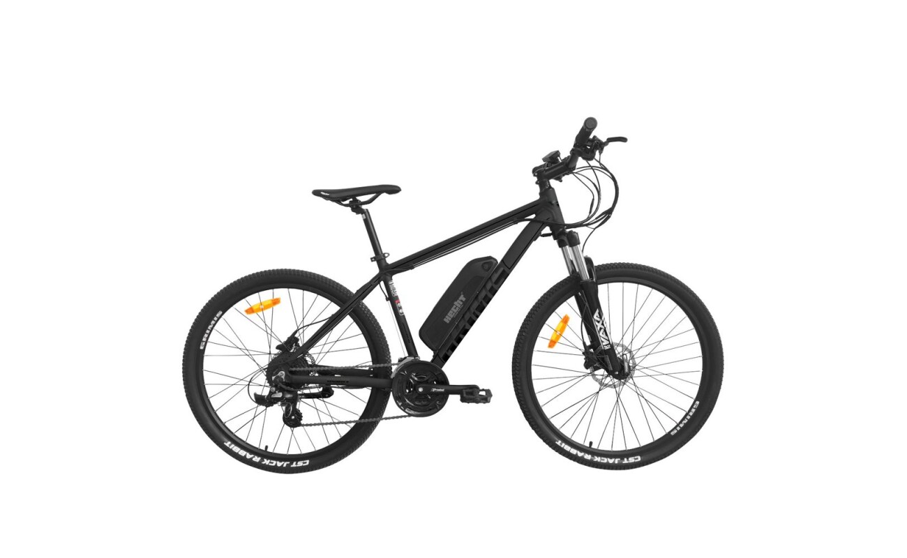 Sports outdoor electric bike HECHT GRIMIS MATT. Shimano derailleur. Front suspension adjustable fork. Disc brakes. Aluminium frame with 36 V /14 Ah battery. 250 W motor