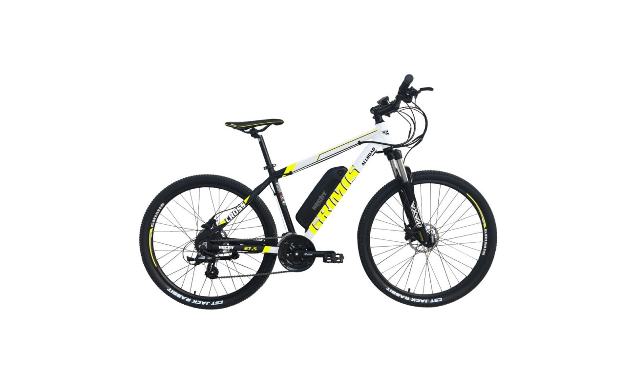 Sports outdoor electric bike HECHT GRIMIS GREEN. Shimano derailleur. Front suspension adjustable fork. Disc brakes. 18" aluminium frame with 36 V /14 Ah battery. 250 W motor