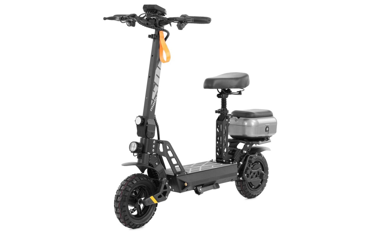Electric scooter with a range of up to 50 km. Maximum speed 50 km/h. Load capacity 120 kg. Battery 48 V / 10 Ah / 1000 W.