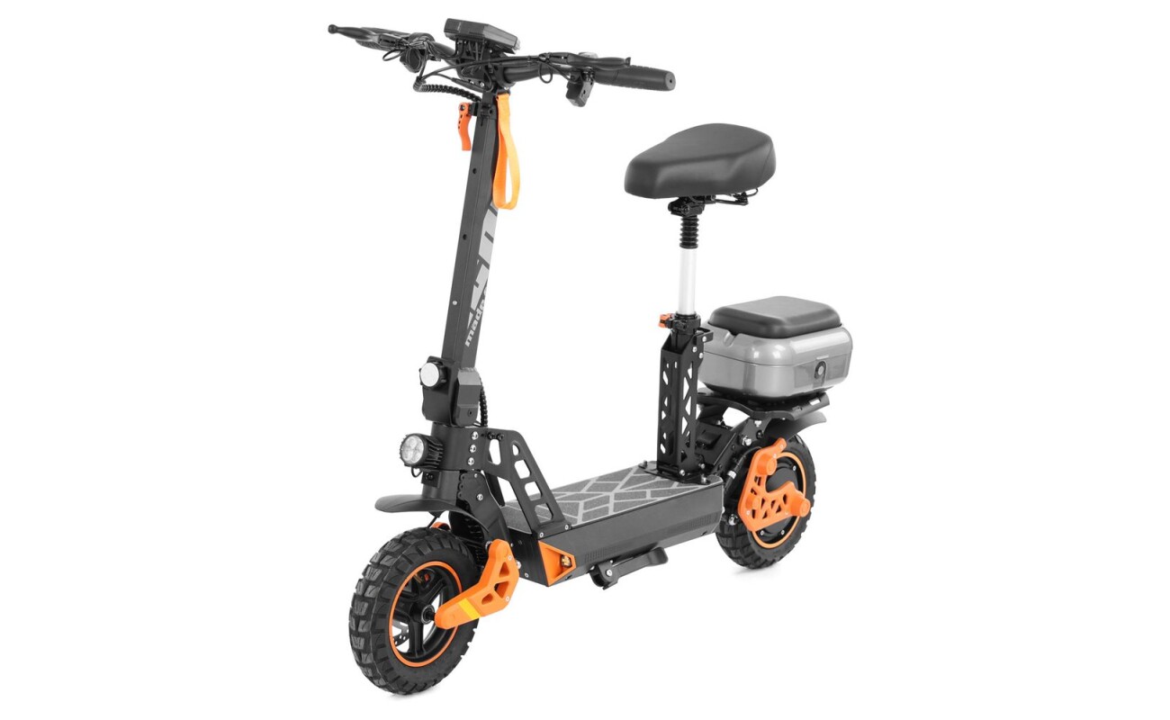 Electric scooter with a range of up to 50 km. Maximum speed 50 km/h. Load capacity 120 kg. Battery 48 V / 10 Ah / 1000 W.
