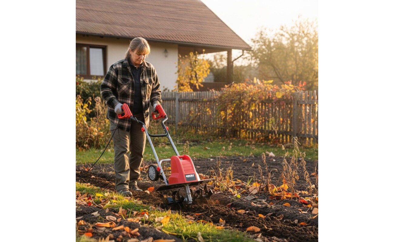 450mm working width and maximum working depth of 220mm. Low weight of 11kg and 6 blades for quick soil preparation in beds.