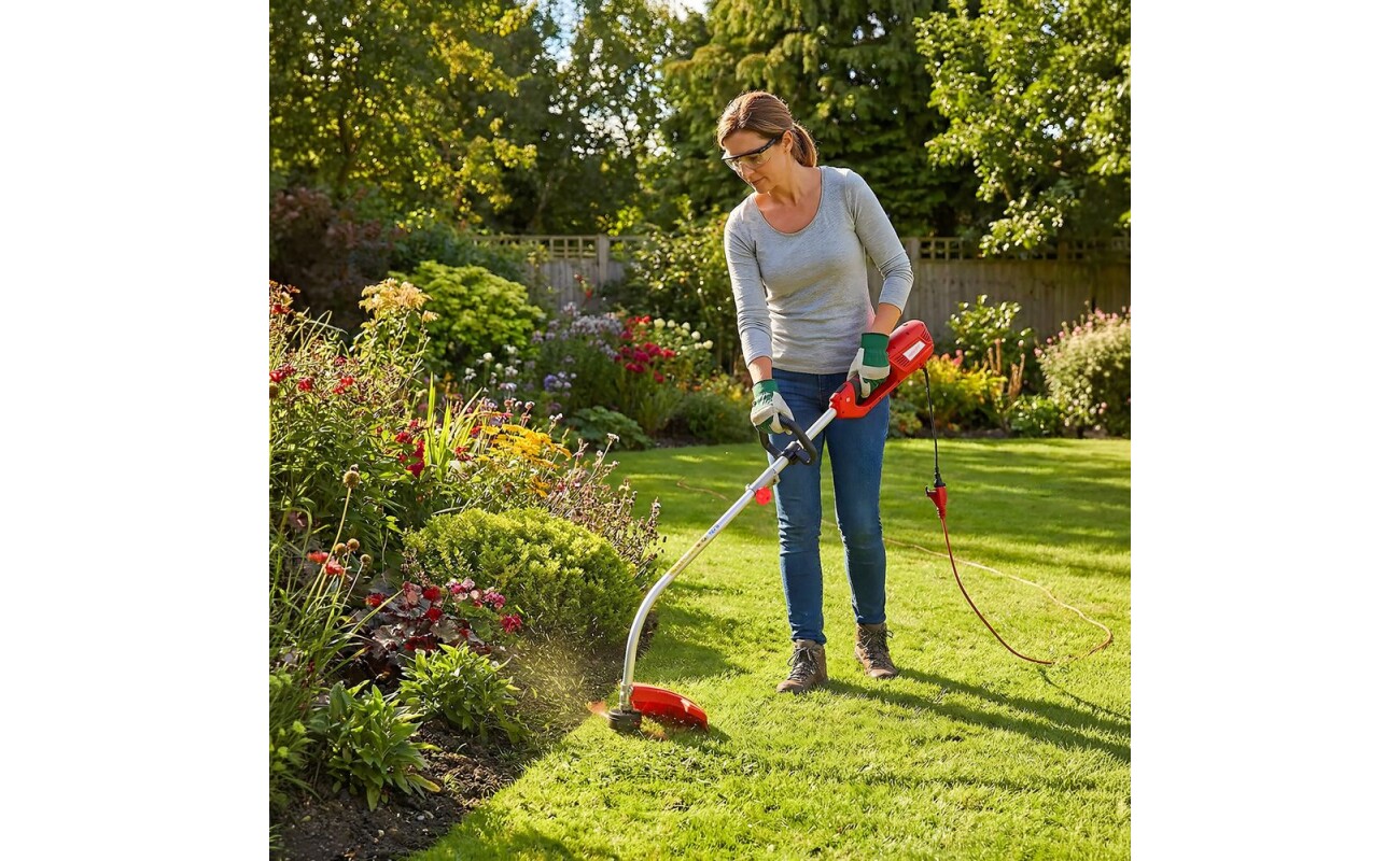 230 V / 50 Hz power supply and 37 cm cutting width. The package includes a shoulder strap and string head 1299010361 for comfortable and efficient grass cutting.