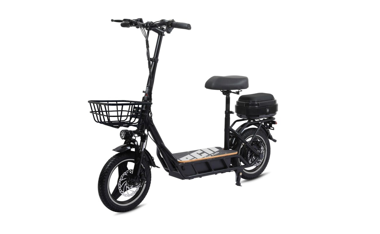 Electric scooter with a range of up to 65 km. Maximum speed 45 km/h. Load capacity 120 kg. Battery 48 V / 15 Ah / 500 W.