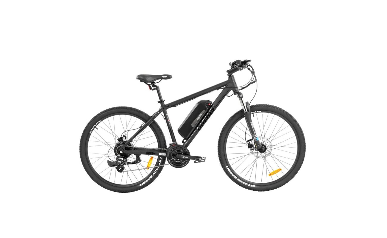 Sports outdoor electric bike HECHT GRIMIS MATT. Shimano derailleur. Front suspension adjustable fork. Hydraulic disc brakes. 18" aluminium frame with 36 V /14 Ah battery. 250 W motor