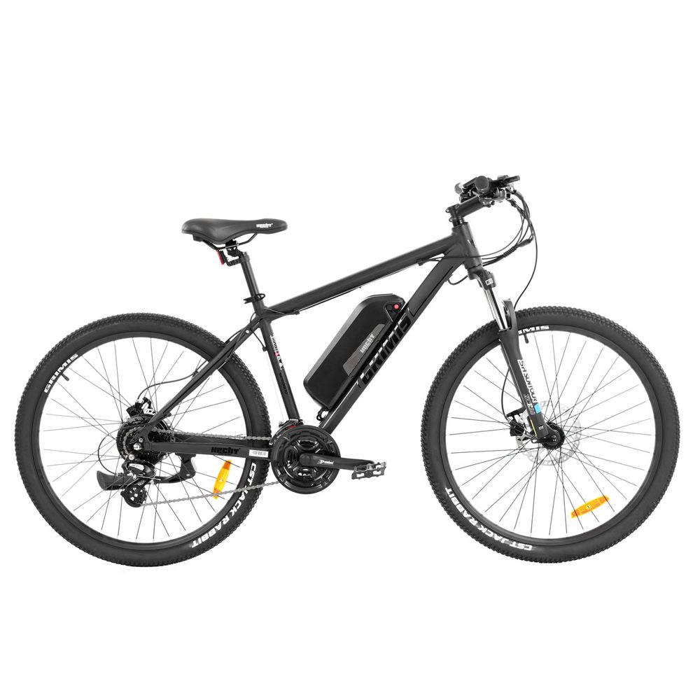 Electric bike - HECHT GRIMIS MATT Sports outdoor electric bike HECHT GRIMIS MATT. Shimano derailleur. Front suspension adjustable fork. Hydraulic disc brakes. 18" aluminium frame with 36 V /14 Ah battery. 250 W motor