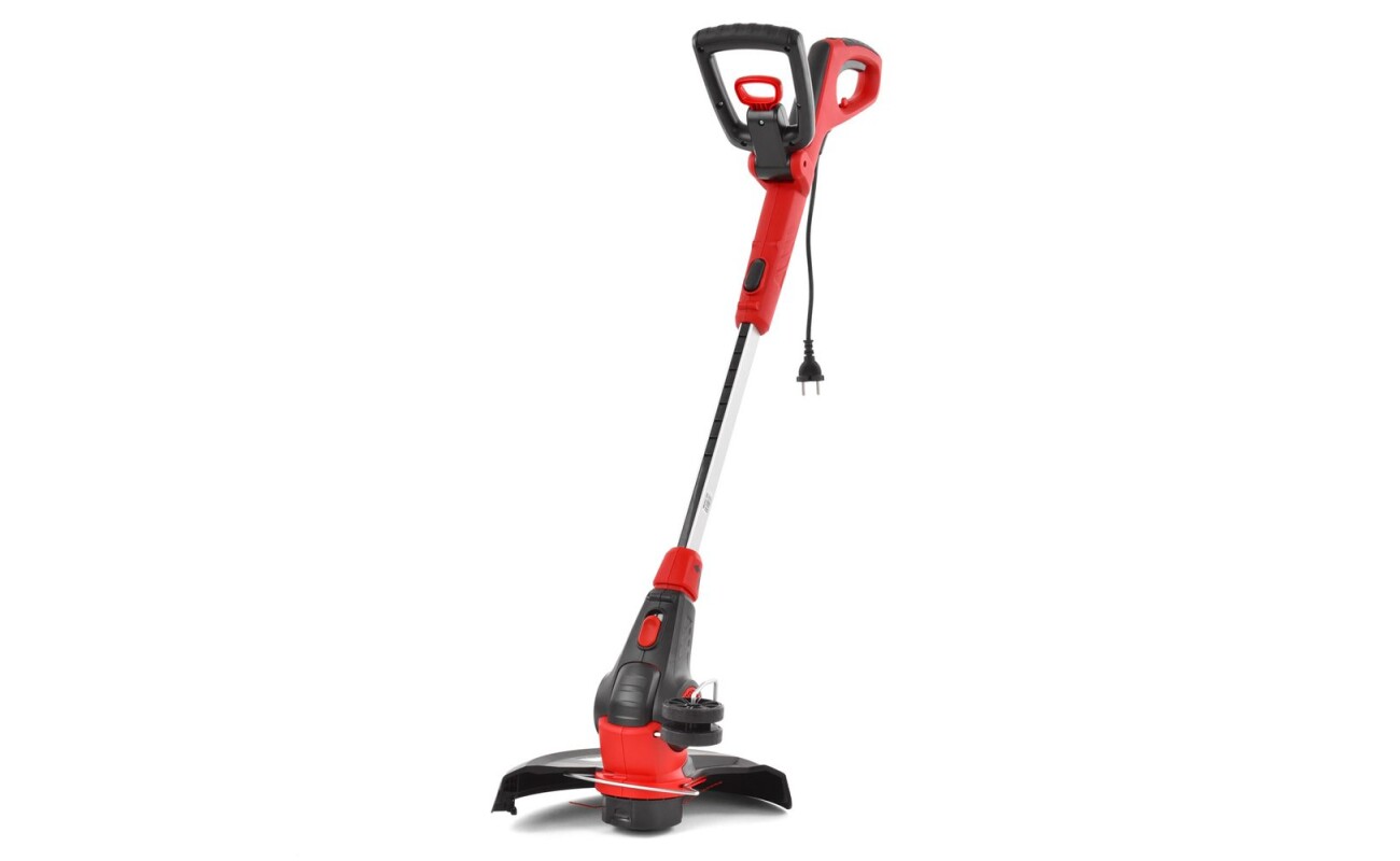 Electric powered grass trimer with telescopic handle and ajdustable cutting head angle. Twist grip. Power input 600 W. Working width 30 cm. Weight 2