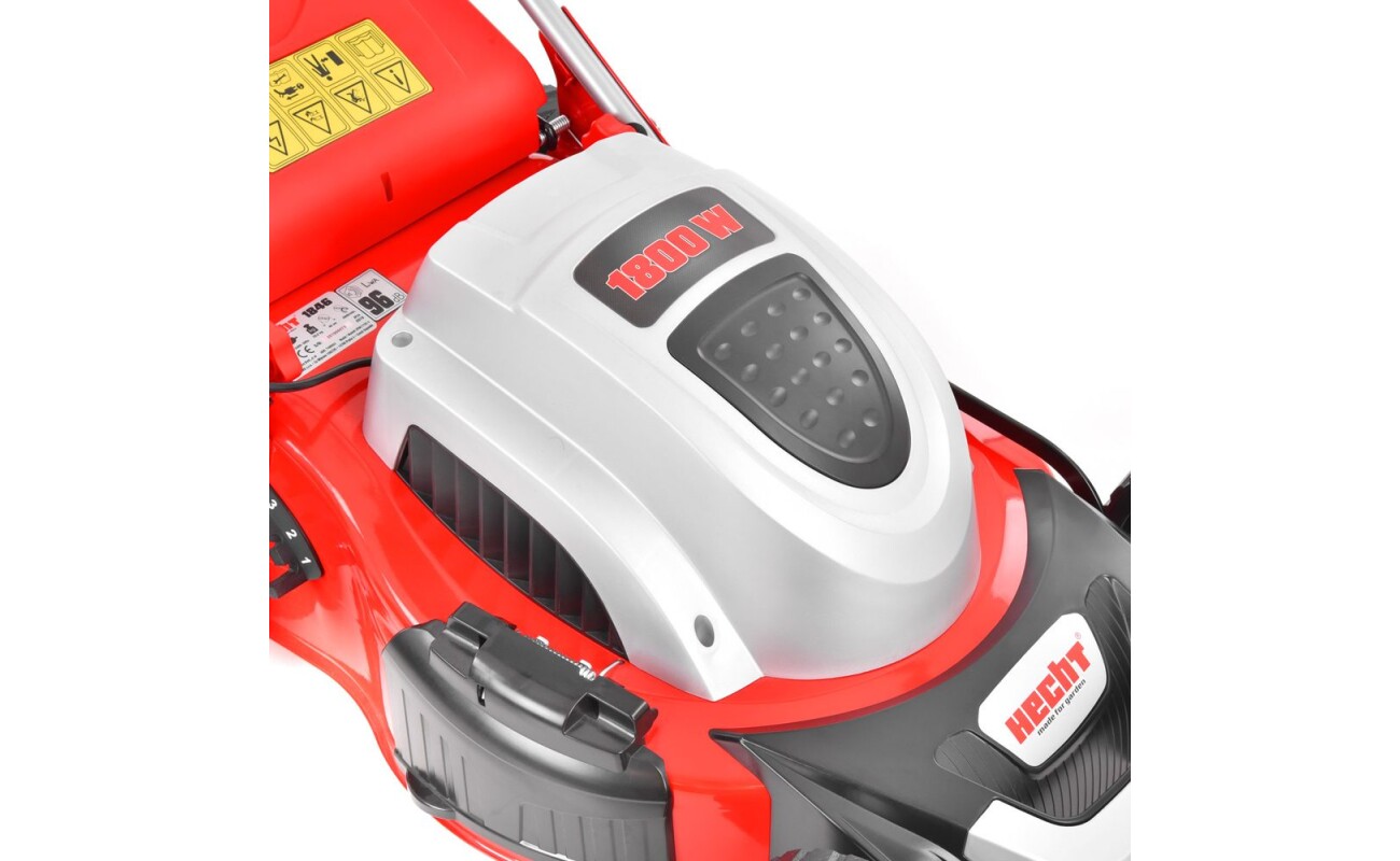 equipped with ball bearings. Power input 1800W and working width 46 cm. Mulching kit included. Suitable for areas of up to 1000 m2.