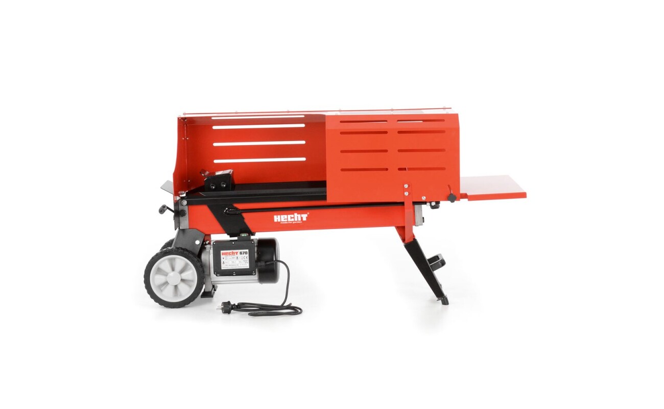 Electric horizontal log splitter. Power input 2000 W. Log length up to 52cm. Log diameter up to 25cm. Splitting pressure 7 tons. Weight 41 kg.