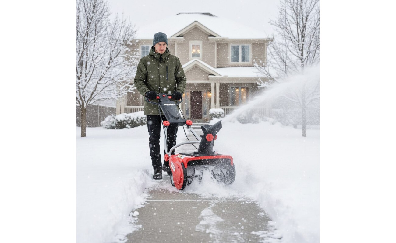 powered by an electronically commutated engine with power input of 2000W. This type of engine ensures high torque at 3000 rpm. This snow thrower has a working width 45cm (inner 40cm) and can removes up to 25cm of snow layer.
