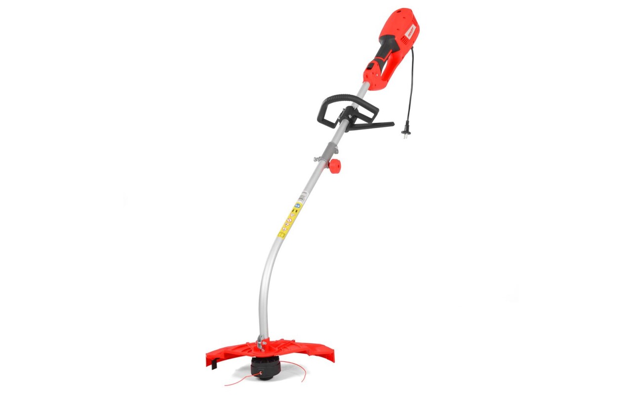 Electric string trimmer with 38 cm cutting width. Power 1400 W. Semi-automatic string unwinding. Weight 4.8 kg. Split shaft.