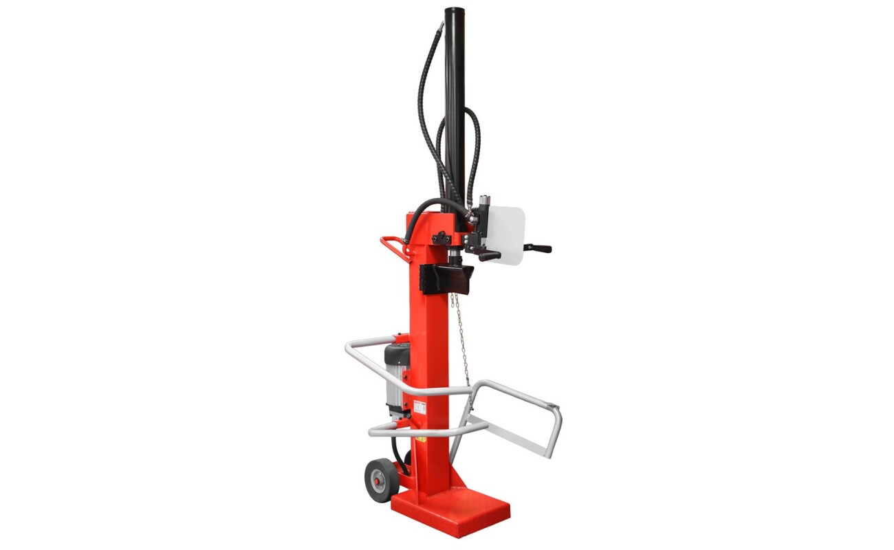 Electric vertical wood splitter. Power input 4000 W. Log length up to 105 cm. Log diameter up to 40 cm. Splitting pressure 16 tons. Power supply 3 phases 400 V / 50 Hz. Weight 180 kg.