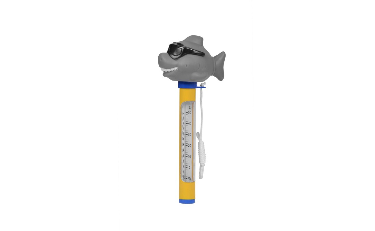 Swimming pool thermometer with a shark-shaped float.