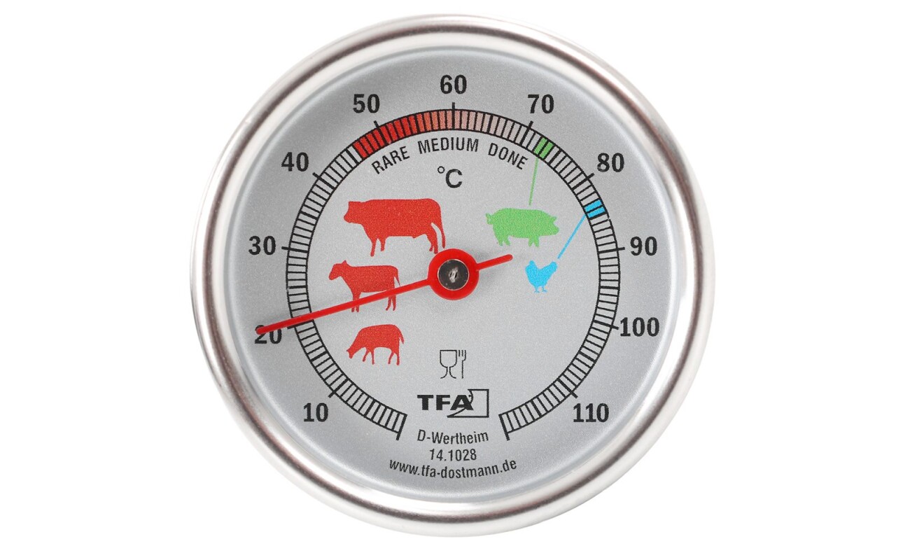 Probe thermometer suitable for grilling or oven roasting. The thermometer measures the temperature inside the meat