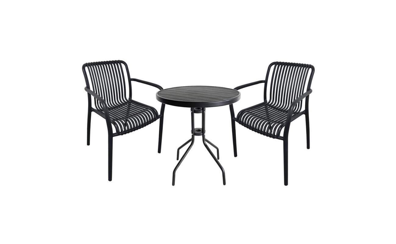 Ideal set of table and two chairs for balconies and small spaces. Metal table frame.