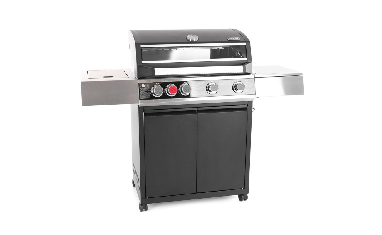The HECHT CAMPANA 5 garden gas grill is the ideal choice for grilling on covered garden areas. It features four main burners and one side burner with a total output of 16.5 kW. The cast iron grate