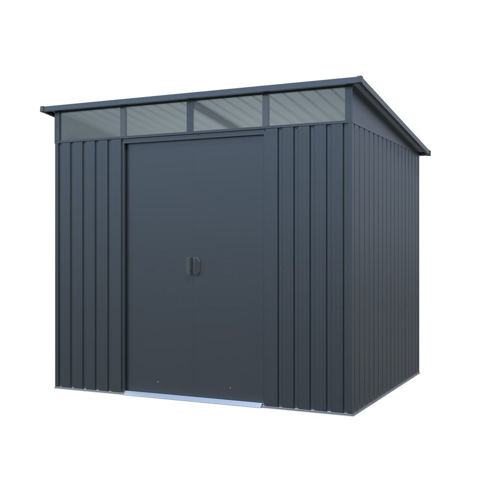 Garden Shed - HECHT 6X8 SKY ANTHRACITE External dimensions (l x w x h) approx. 238 x 193 x 203 cm. Light openings under the roof