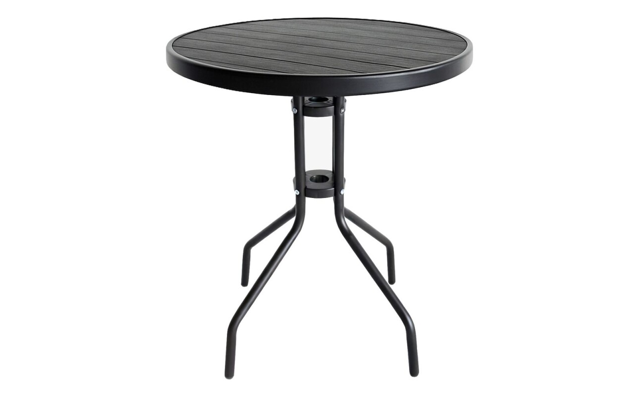 HECHT RIVA garden table measuring Ø 60 × 70 cm with metal frame and plastic tabletop with wood-like appearance.