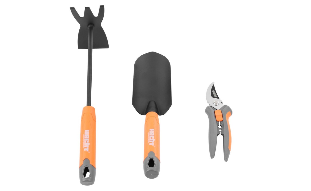 Three-piece ergonomic garden tool set containing bypass pruning shears for branches up to 20 mm
