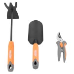 <p>Three-piece ergonomic garden tool set containing bypass pruning shears for branches up to 20 mm