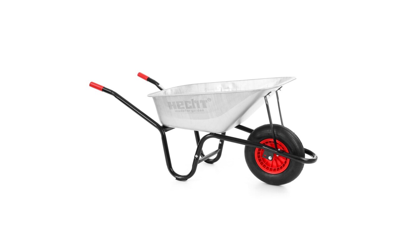 Hand-guided garden wheelbarrow. Bucket volume 90 l. Max. load weight 160 kg. Weight 12 kg.
