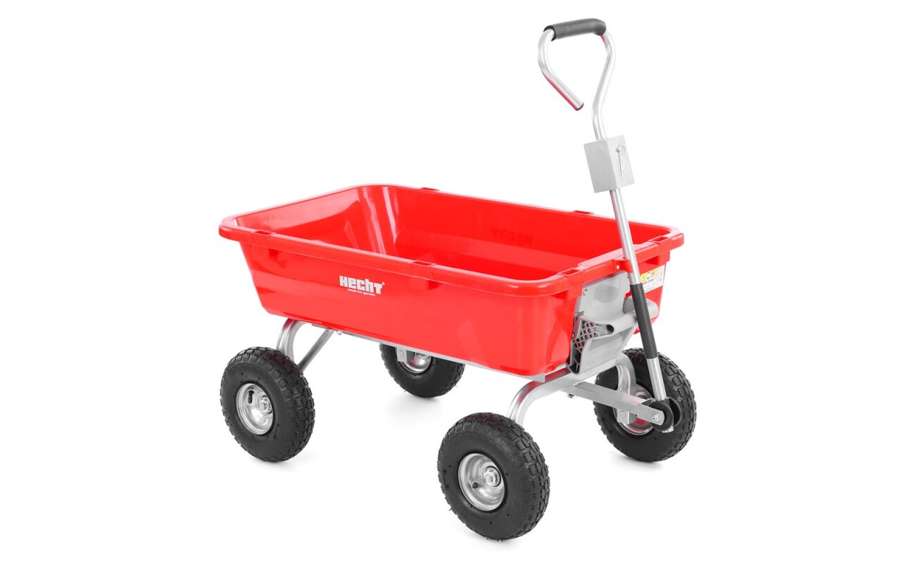 Garden trolley with a capacity of 85 l and a maximum load capacity of 150 kg. Suitable for most garden tractors. Practical tilting mechanism and durable construction.