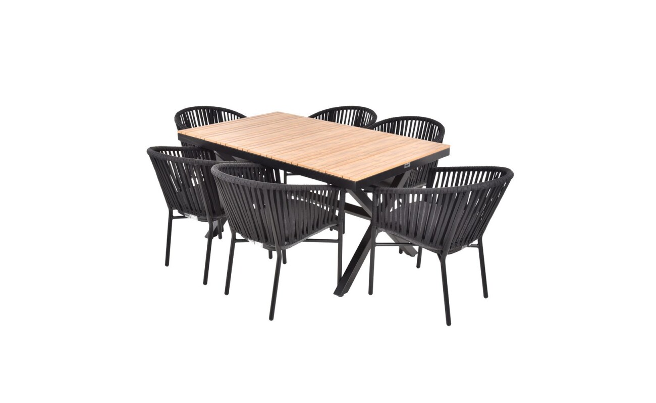 Luxurious set of six chairs and one table made of aluminum profiles with Komaxit finish. Suitable for humid environments. Suitable for exteriors and interiors.
