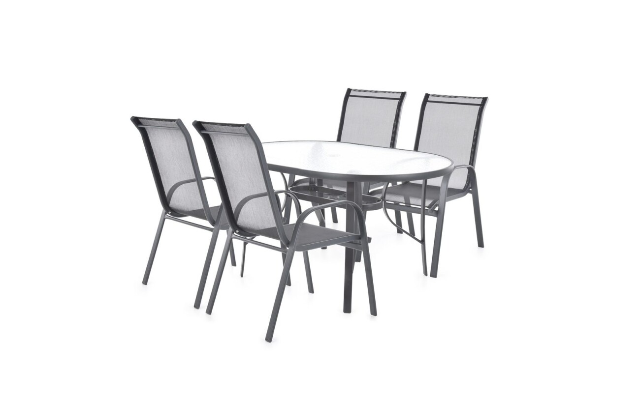 Combined set of four chairs and one table made of steel-aluminium profiles and comaxit finish. Table with tempered glass. Chair capacity 120 kg.